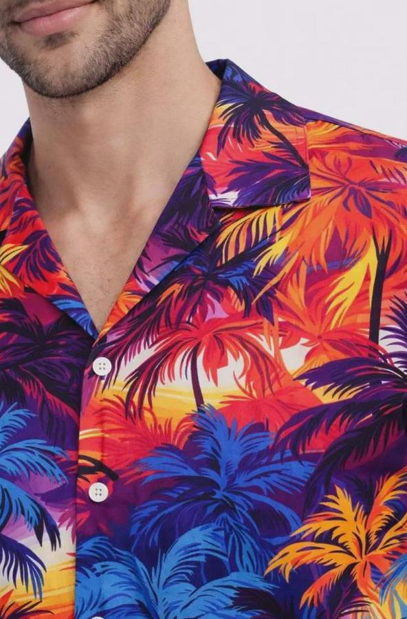 Tropikal Desenli Kısa Kol Gömlek Rahat Kalıp Yazlık Hawaii Tarz