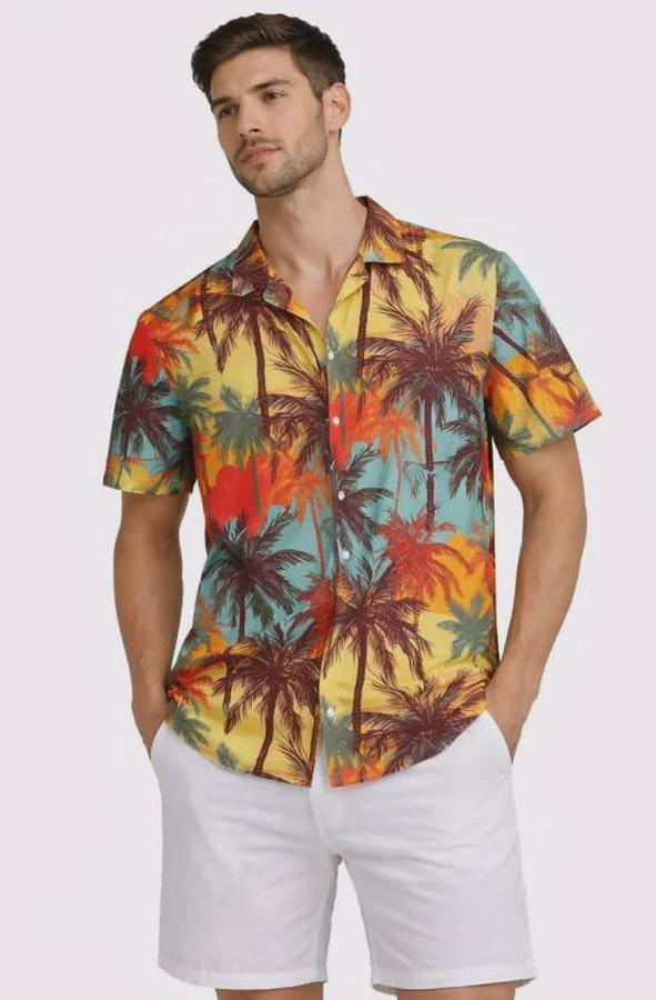 Tropikal Palmiye Desenli Kısa Kol Gömlek Yazlık Rahat Kalıp Dijital Baskılı