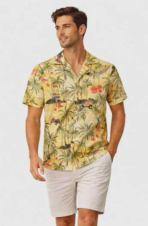 Tropikal Palmiye Desenli Kısa Kol Gömlek Hawaii Tarz Yazlık Rahat Kalıp