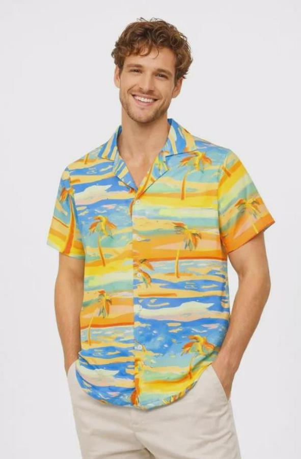 Tropikal Palmiye Desenli Kısa Kol Gömlek Yazlık Beach Tarz Rahat Kalıp