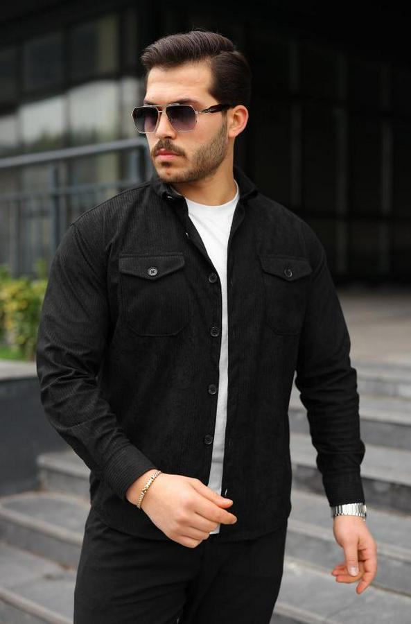 Uzun Kollu Cepli Kadife Gömlek