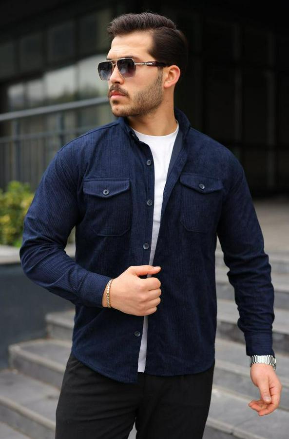 Uzun Kollu Cepli Kadife Gömlek