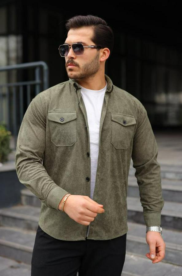 Uzun Kollu Cepli Kadife Gömlek