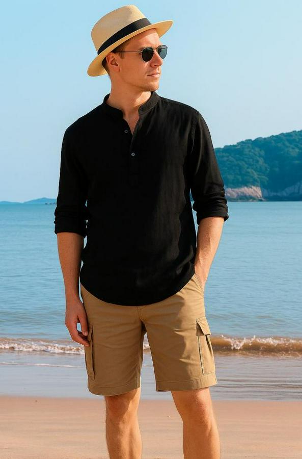 Uzun Kollu Hakim Yaka Düğmeli Müslim Gömlek