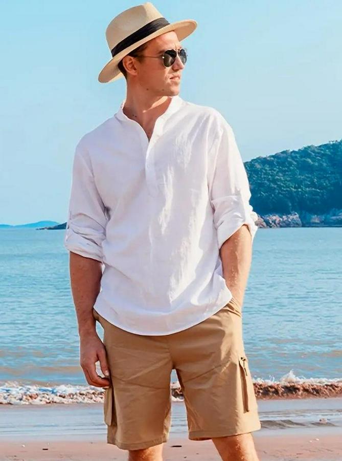 Uzun Kollu Hakim Yaka Düğmeli Müslim Gömlek