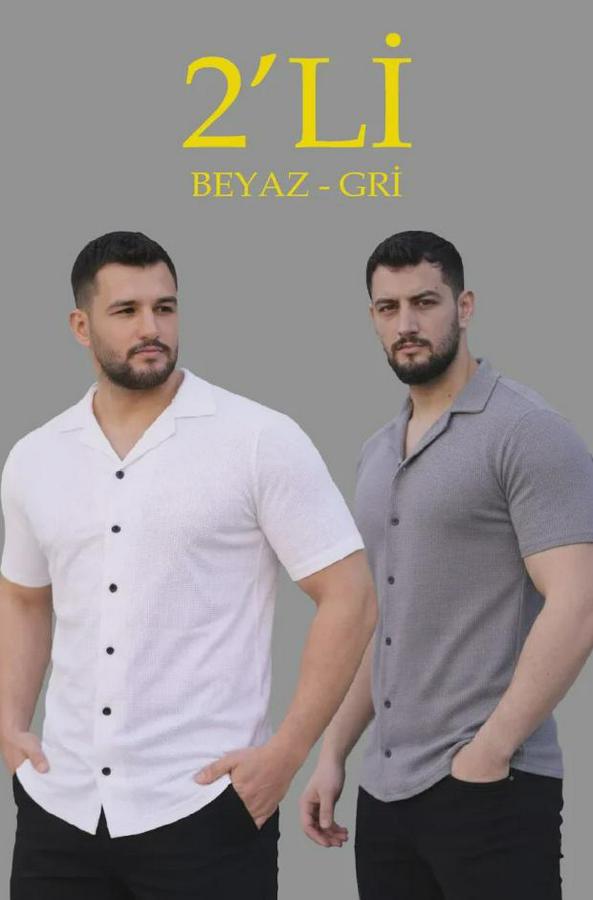 Waffle Dokuma Açık Yakalı Düğmeli Regular Kalıp 2’li Gömlek Seti