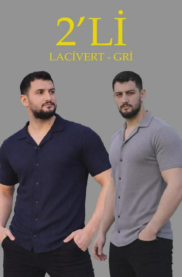 Waffle Dokuma Açık Yakalı Düğmeli Regular Kalıp 2’li Gömlek Seti