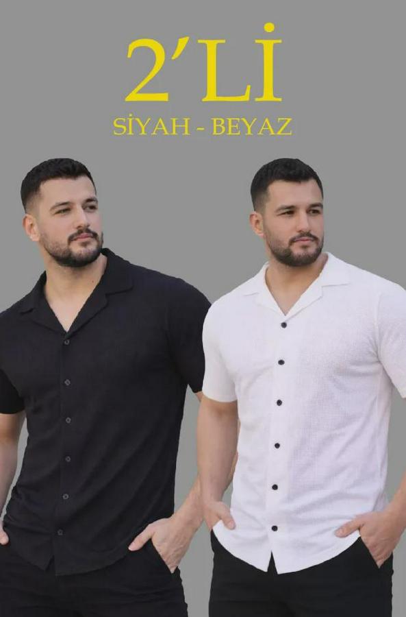 Waffle Dokuma Açık Yakalı Düğmeli Regular Kalıp 2’li Gömlek Seti