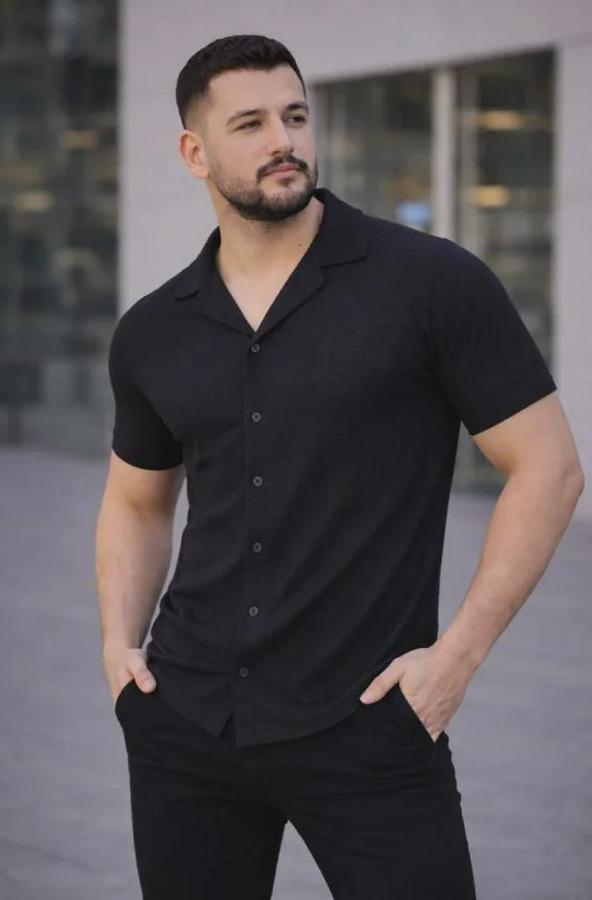 Waffle Dokuma Açık Yakalı Düğmeli Regular Kalıp 2’li Gömlek Seti