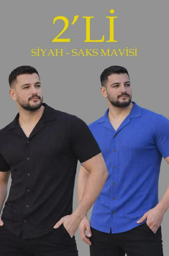 Waffle Dokuma Açık Yakalı Düğmeli Regular Kalıp 2’li Gömlek Seti