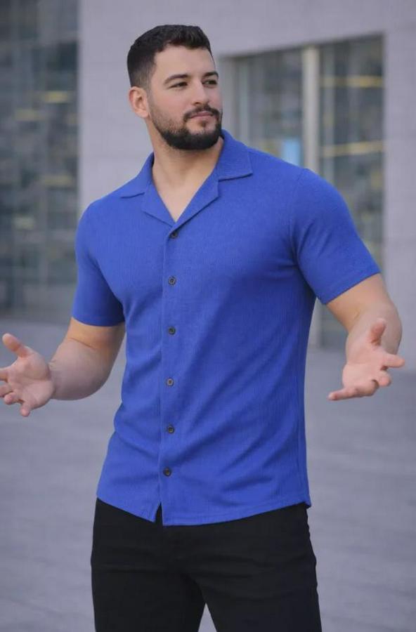 Waffle Dokuma Açık Yakalı Düğmeli Regular Kalıp 2’li Gömlek Seti