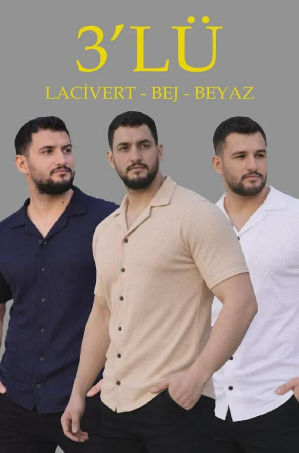 Waffle Dokuma Açık Yakalı Düğmeli Regular Kalıp 3’lü Gömlek Seti