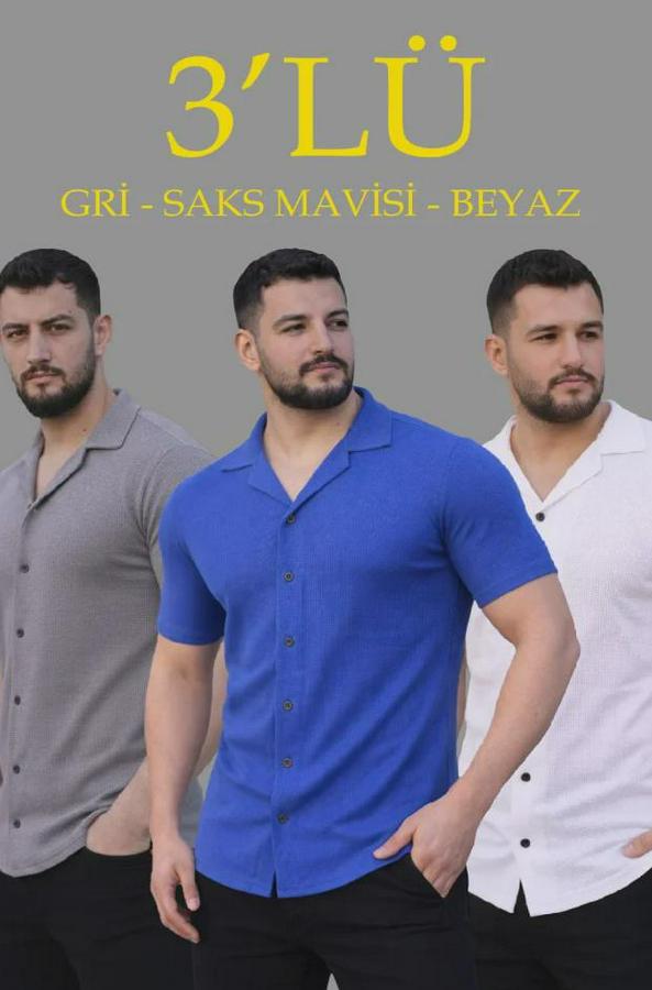 Waffle Dokuma Açık Yakalı Düğmeli Regular Kalıp 3’lü Gömlek Seti