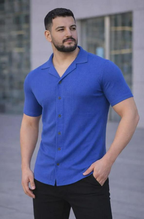 Waffle Dokuma Açık Yakalı Düğmeli Regular Kalıp 3’lü Gömlek Seti