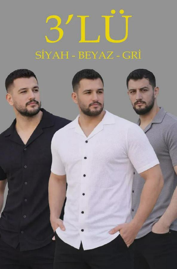 Waffle Dokuma Açık Yakalı Düğmeli Regular Kalıp 3’lü Gömlek Seti
