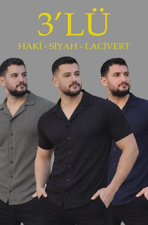 Waffle Dokuma Açık Yakalı Düğmeli Regular Kalıp 3’lü Gömlek Seti