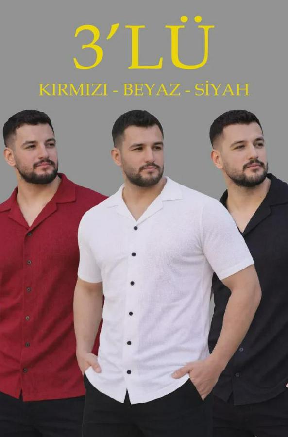 Waffle Dokuma Açık Yakalı Düğmeli Regular Kalıp 3’lü Gömlek Seti