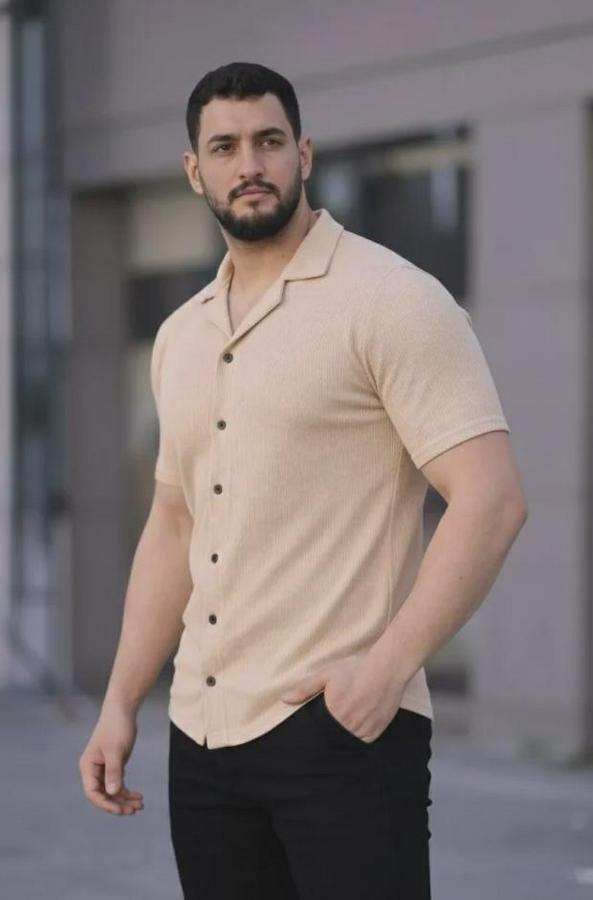 Waffle Kumaş Kısa Kollu Düğmeli Açık Yaka Regular Fit Gömlek