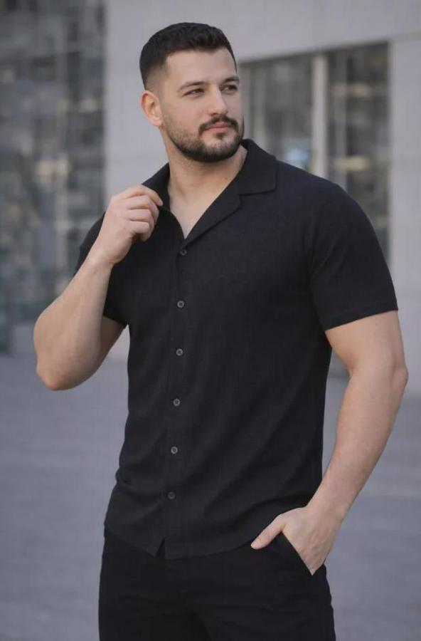 Waffle Kumaş Kısa Kollu Düğmeli Açık Yaka Regular Fit Gömlek