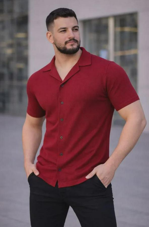 Waffle Kumaş Kısa Kollu Düğmeli Açık Yaka Regular Fit Gömlek