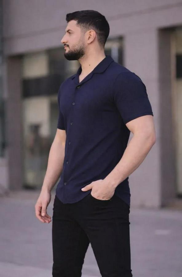 Waffle Kumaş Kısa Kollu Düğmeli Açık Yaka Regular Fit Gömlek