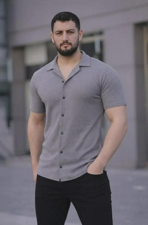 Waffle Kumaş Kısa Kollu Düğmeli Açık Yaka Regular Fit Gömlek