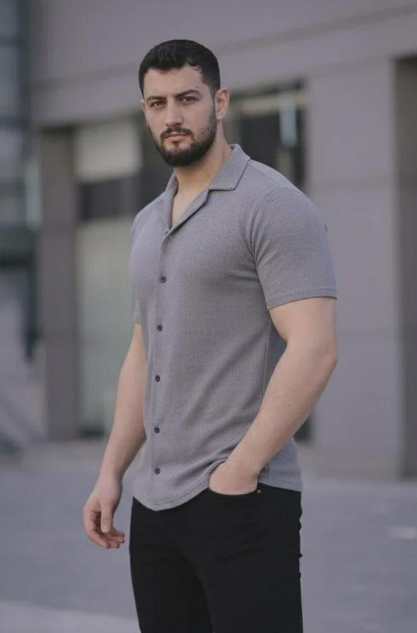 Waffle Kumaş Kısa Kollu Düğmeli Açık Yaka Regular Fit Gömlek