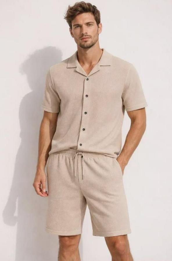 Waffle Kumaş Kısa Kollu Gömlek Şort Takım Regular Fit Yazlık Ikili Set