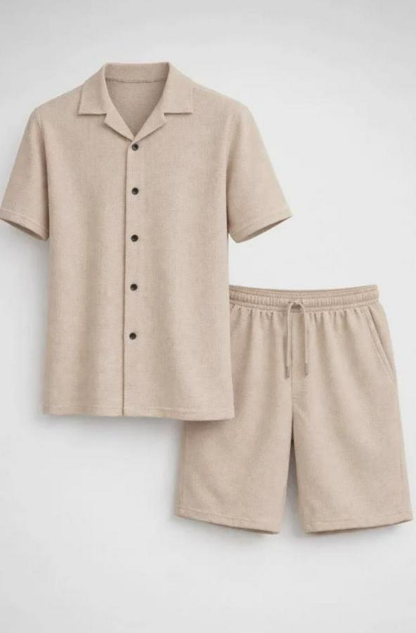 Waffle Kumaş Kısa Kollu Gömlek Şort Takım Regular Fit Yazlık Ikili Set