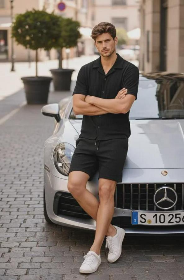 Waffle Kumaş Kısa Kollu Gömlek Şort Takım Regular Fit Yazlık Ikili Set