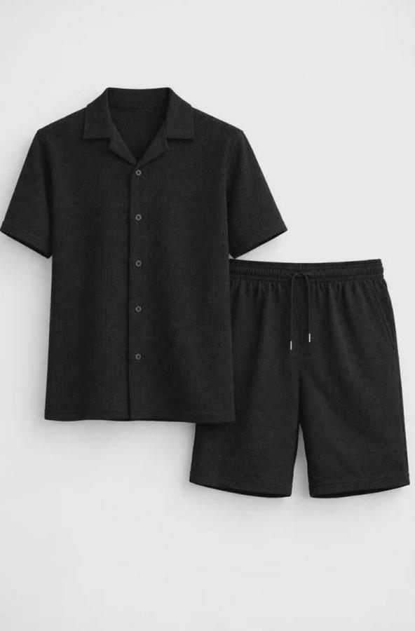 Waffle Kumaş Kısa Kollu Gömlek Şort Takım Regular Fit Yazlık Ikili Set