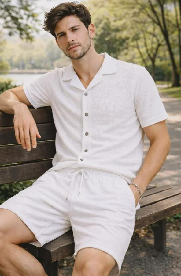 Waffle Kumaş Kısa Kollu Gömlek Şort Takım Regular Fit Yazlık Ikili Set