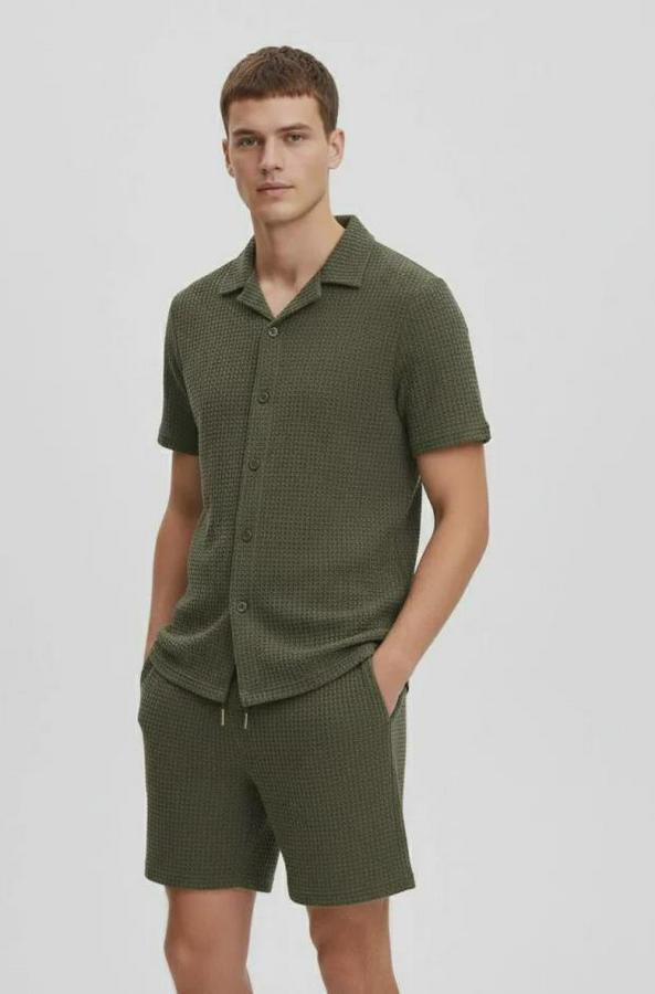 Waffle Kumaş Kısa Kollu Gömlek Şort Takım Regular Fit Yazlık Ikili Set