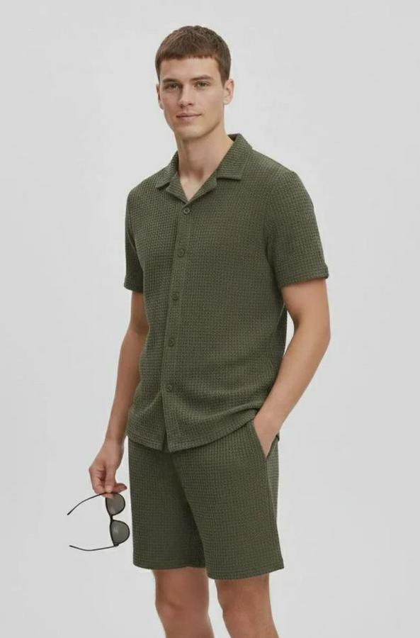 Waffle Kumaş Kısa Kollu Gömlek Şort Takım Regular Fit Yazlık Ikili Set