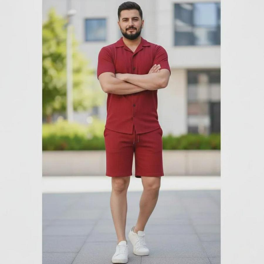 Waffle Kumaş Kısa Kollu Gömlek Şort Takım Regular Fit Yazlık Ikili Set