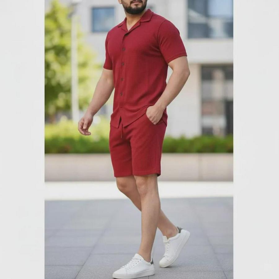 Waffle Kumaş Kısa Kollu Gömlek Şort Takım Regular Fit Yazlık Ikili Set