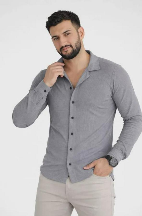 Waffle Kumaş Uzun Kollu Düğmeli Açık Yaka Regular Fit Gömlek