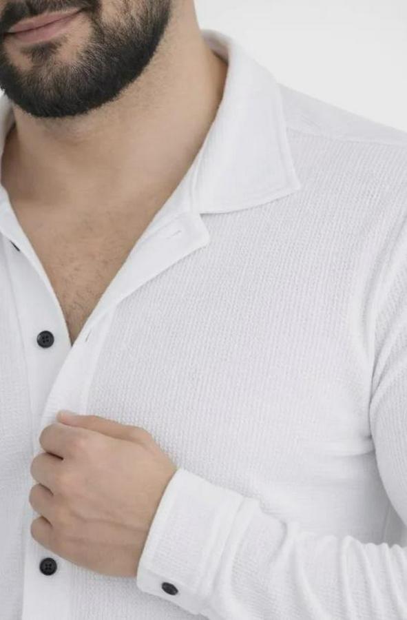 Waffle Kumaş Uzun Kollu Düğmeli Açık Yaka Regular Fit Gömlek