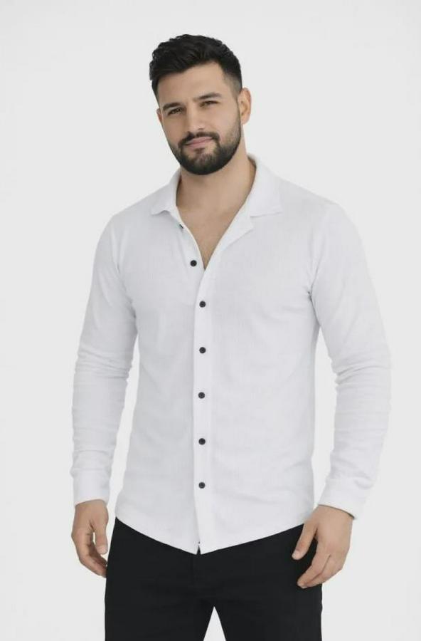 Waffle Kumaş Uzun Kollu Düğmeli Açık Yaka Regular Fit Gömlek