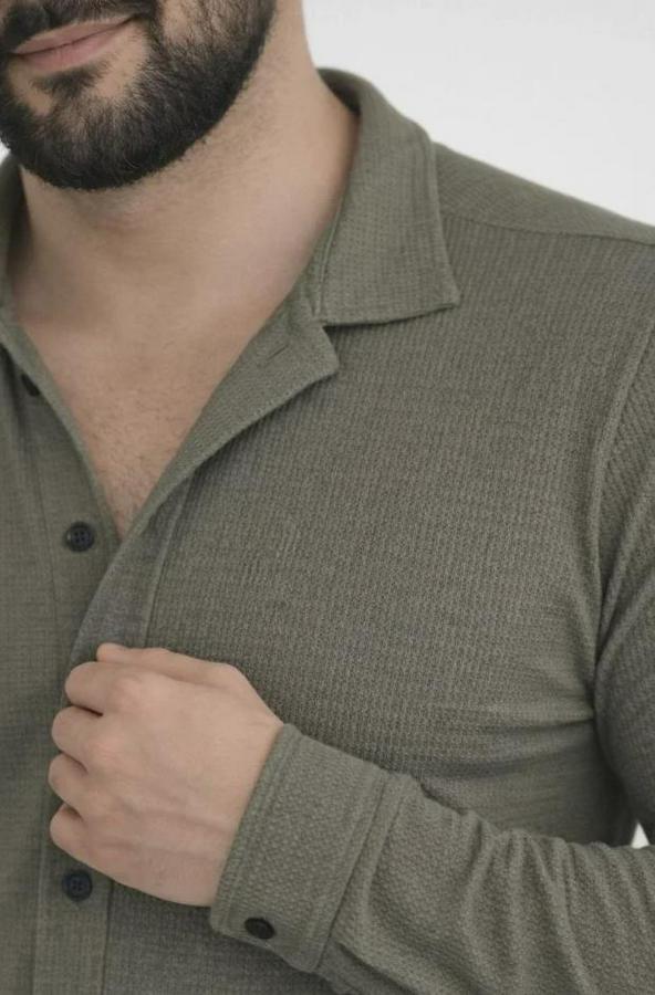 Waffle Kumaş Uzun Kollu Düğmeli Açık Yaka Regular Fit Gömlek