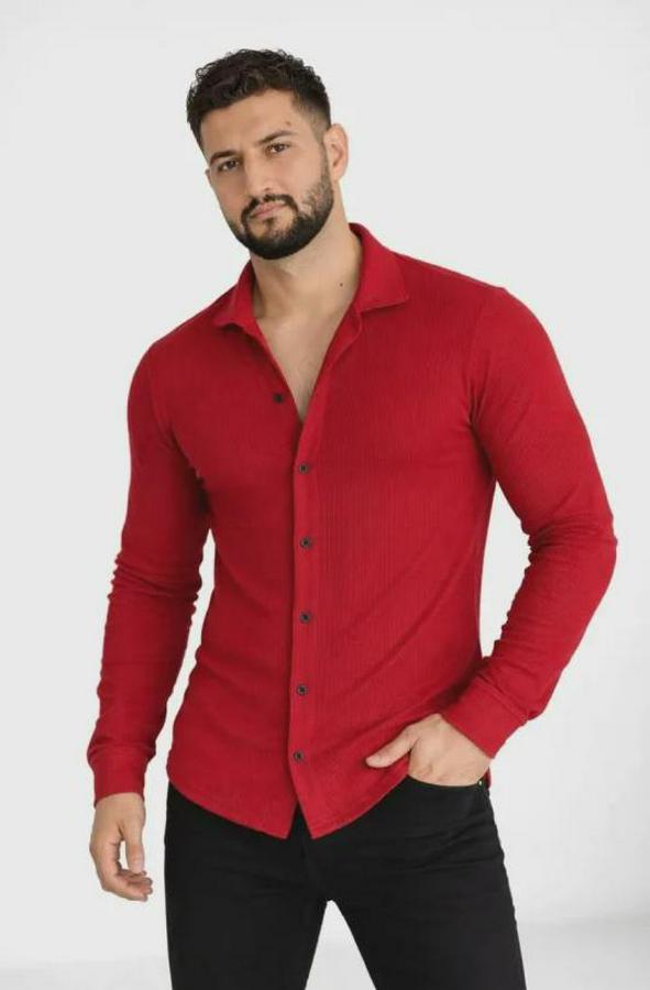 Waffle Kumaş Uzun Kollu Düğmeli Açık Yaka Regular Fit Gömlek