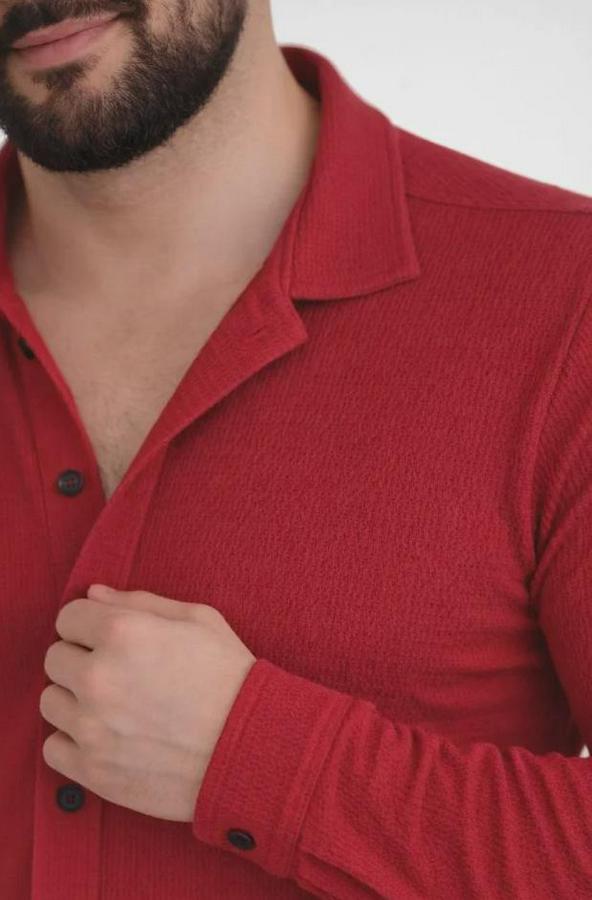 Waffle Kumaş Uzun Kollu Düğmeli Açık Yaka Regular Fit Gömlek