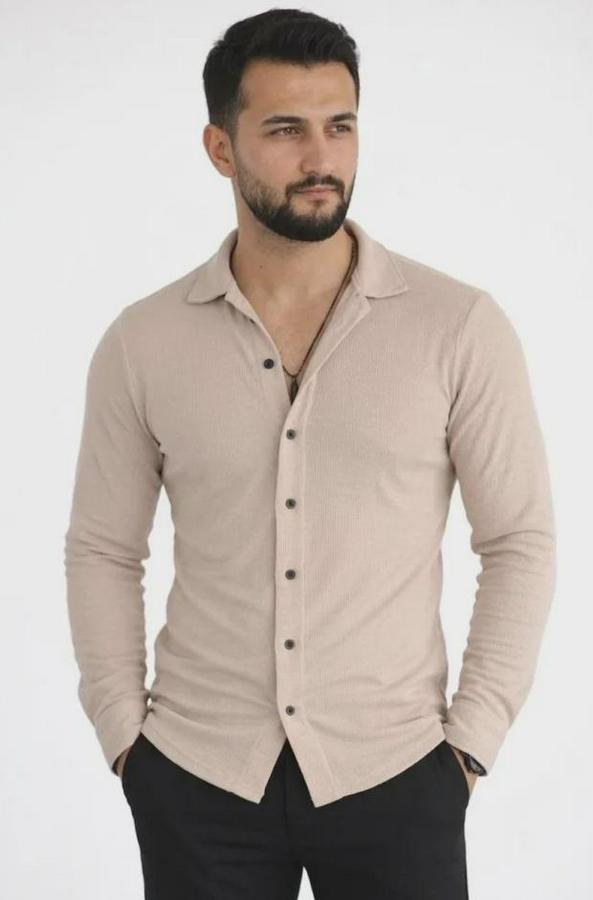Waffle Kumaş Uzun Kollu Düğmeli Açık Yaka Regular Fit Gömlek