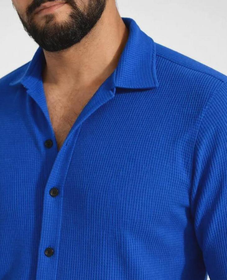 Waffle Kumaş Uzun Kollu Düğmeli Açık Yaka Regular Fit Gömlek