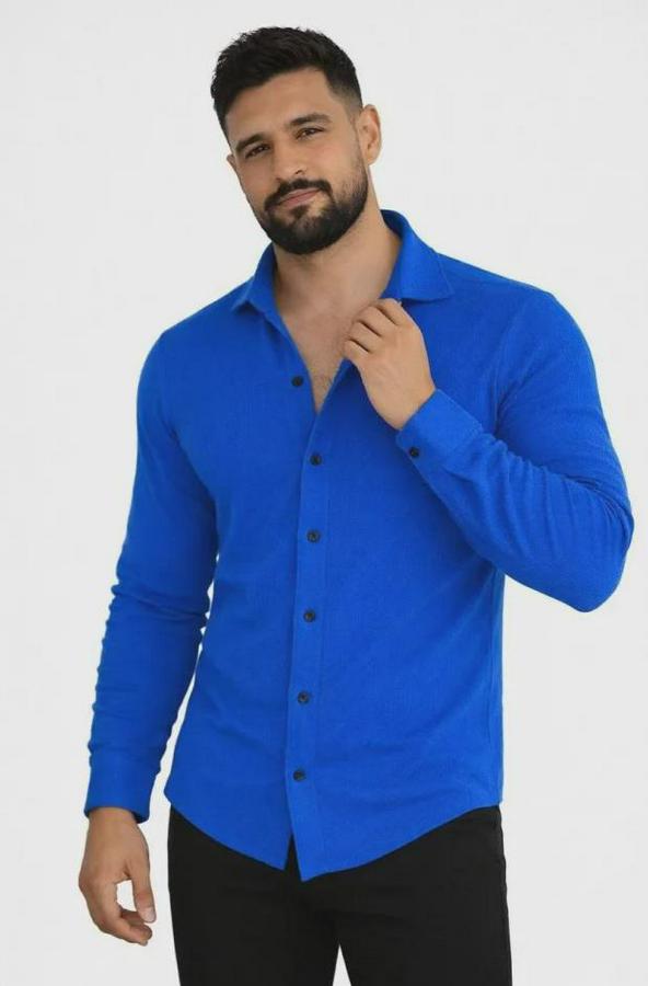 Waffle Kumaş Uzun Kollu Düğmeli Açık Yaka Regular Fit Gömlek