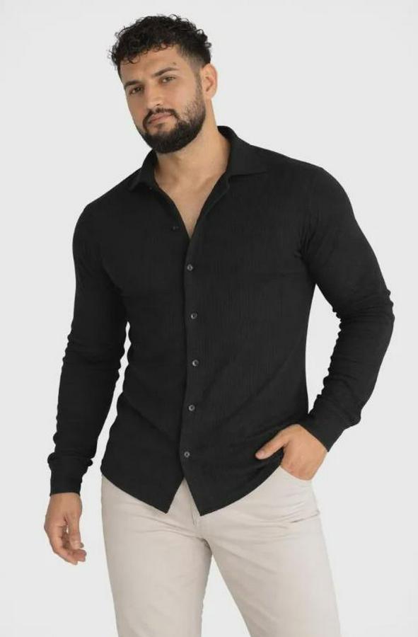 Waffle Kumaş Uzun Kollu Düğmeli Açık Yaka Regular Fit Gömlek