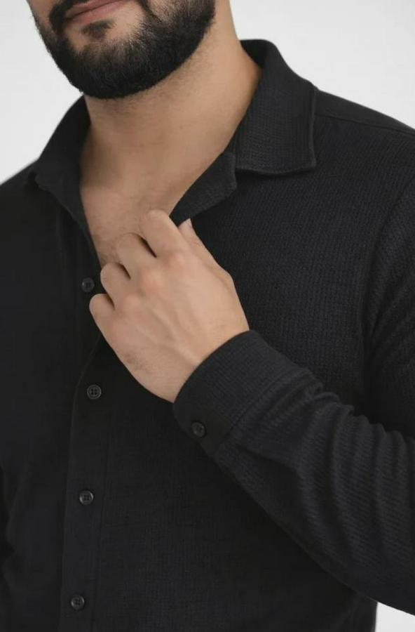 Waffle Kumaş Uzun Kollu Düğmeli Açık Yaka Regular Fit Gömlek