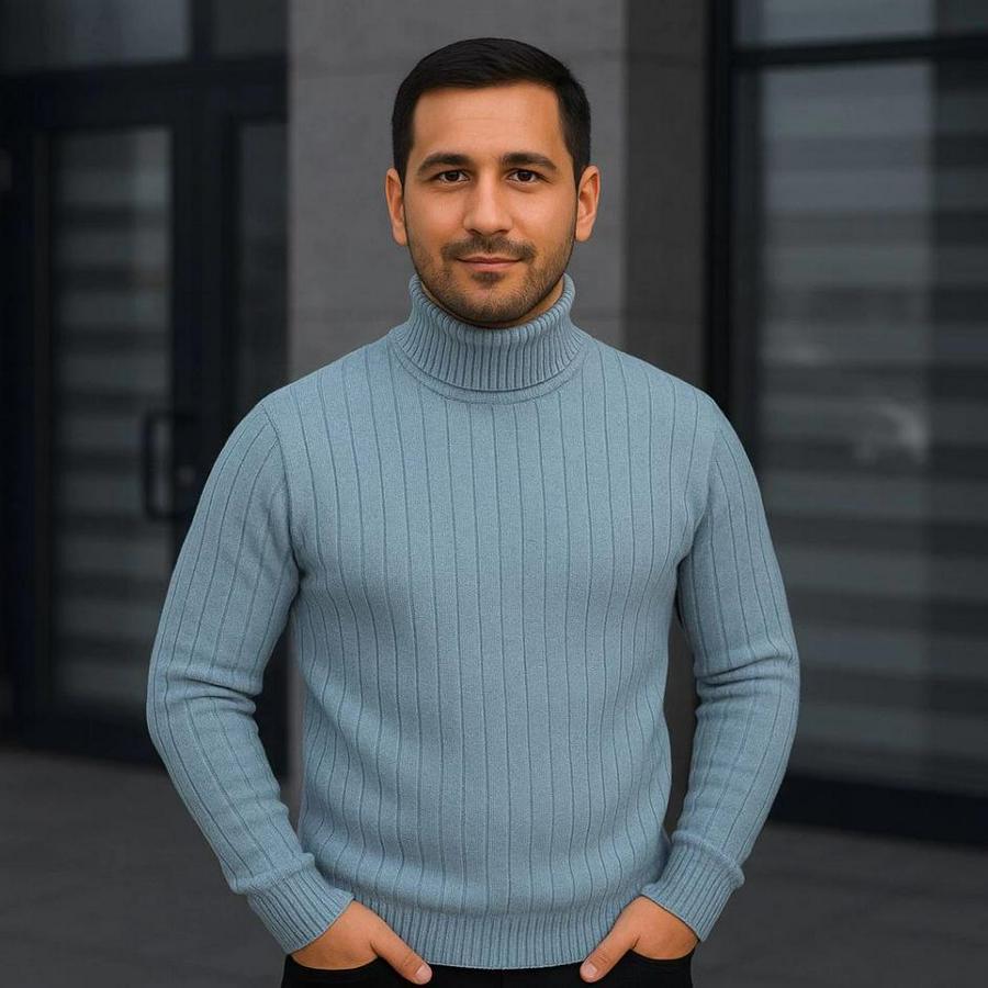 Balıkcı Yaka Bağazlı Triko Kazak Pamuklu Kalın Fitilli Dokuma, Regular Fit Uzun Kollu Kışlık Model