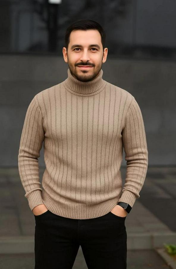 Balıkcı Yaka Bağazlı Triko Kazak Pamuklu Kalın Fitilli Dokuma, Regular Fit Uzun Kollu Kışlık Model