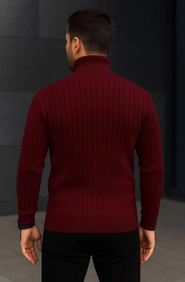 Balıkcı Yaka Bağazlı Triko Kazak Pamuklu Kalın Fitilli Dokuma, Regular Fit Uzun Kollu Kışlık Model